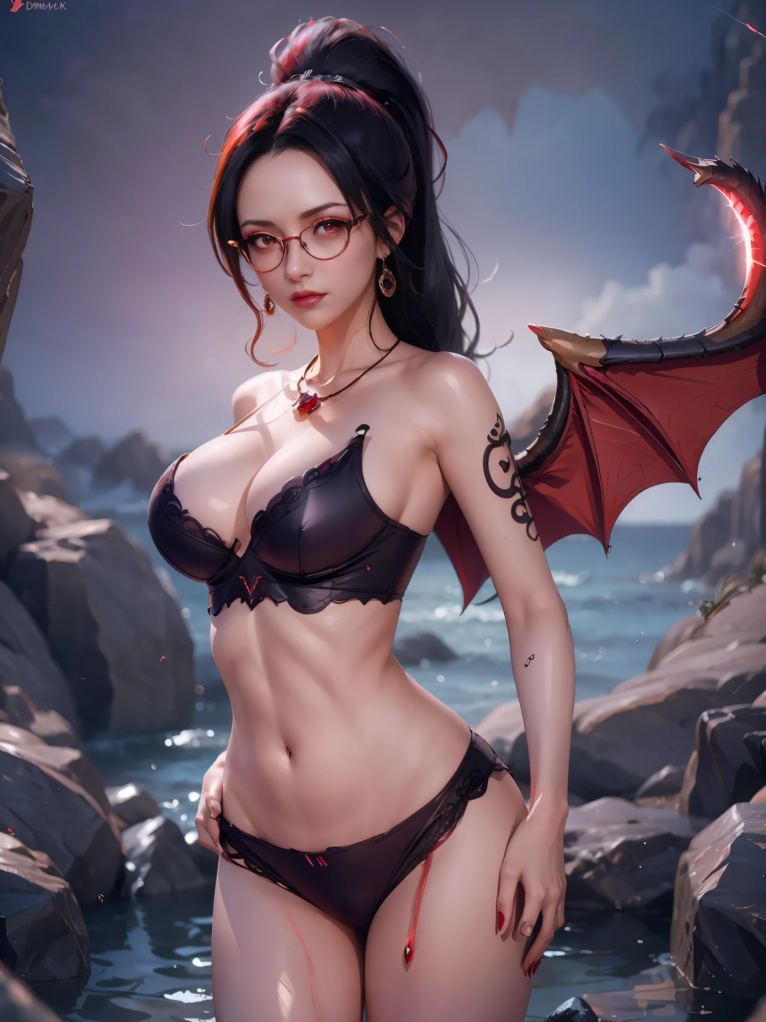 Fine、(The best illustrations)、8k UHD resolution、intricate-detail、top-quality、realisitic、ultra-detailliert、The best lighting、Best Shadows、Soft lighting、Ulutra HD、Dungeon and Dragon、caves、Dungeon、 A Necromancer、natta、Dark style、Succubus、Devil's Daughter、Bat Wings,(((Demon Hornlack-rimmed round glasses))))、(((Colossal tits)))、(Devil's Tail)、(red eyes glowing:1.6)、masterpiece、beautiful countenance、Tindall Effect、photos realistic、(High Detail Skins:1.2)、8KUHD、Digital SLR、hightquality、a picture、hight resolution、 absurderes、Ponytail distortion、best ratio four finger and one thumb、1 girl、hair adornments、Red sparkling gemstone necklace、jewely、Beautiful expression、Body Up、Large breasts emphasis、Toned waist、Wide buttocks、Tindall Effect、Photorealsitic、(High Detail Skins:1.2)、pink nipple, pink pussy