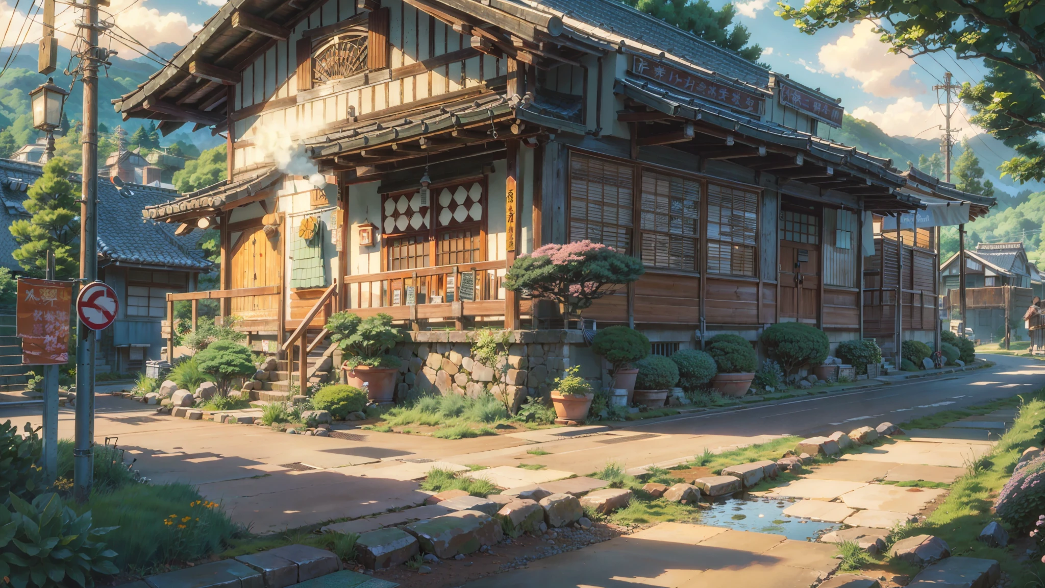 anime scenery of a street with a path and a house, japanese village, japanese town, japanese street, anime background art, anime countryside landscape, andreas rocha style, ross tran. scenic background, beautiful anime scenery, anime scenery concept art, anime scenery, japanese rural town, studio glibly makoto shinkai, by makoto shinkai, by Makoto Shinkai