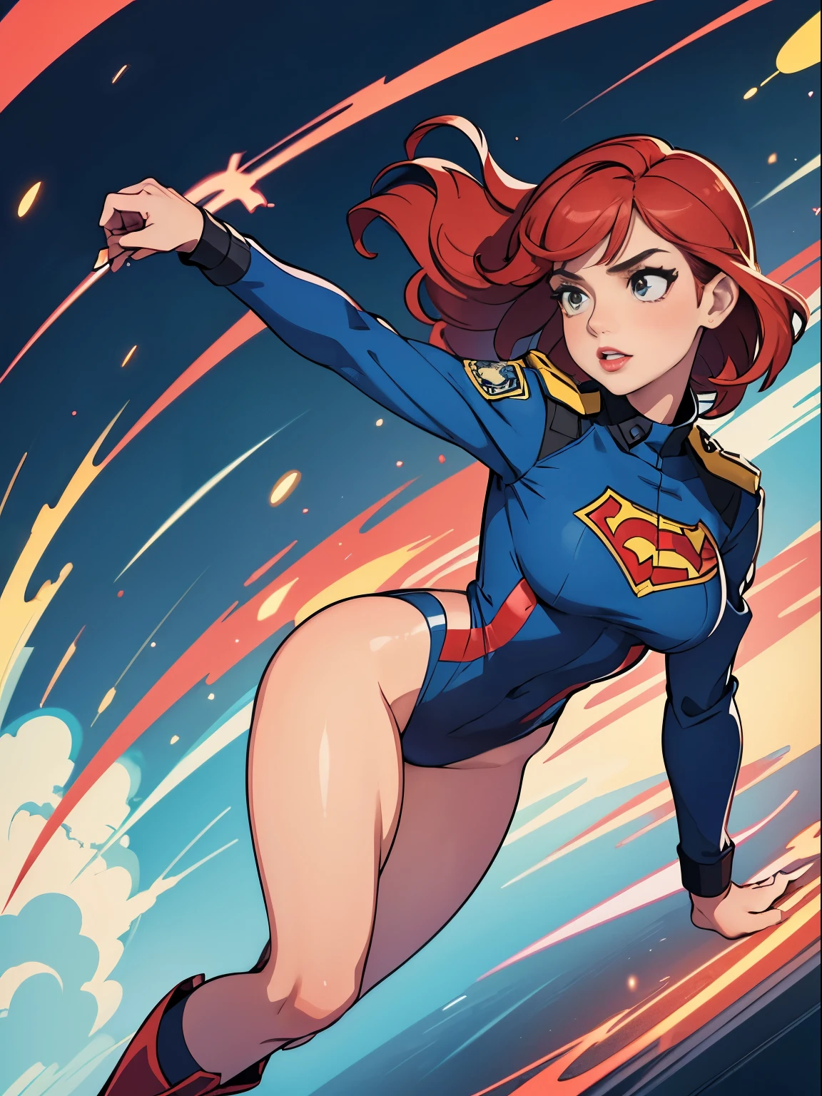 Solo, (Police Uniform, Policewoman), leotard, bare legs, superhero, boots, Lips Apart, Red Lips, Shiny Skin, Skin Dents, Best Quality, Ultra High Resolution, Red hair, Bob hair, spinning straight, twirling pose, perfect anatomy, perfect hands, BREAK, spinning like a tornado, spiral lines