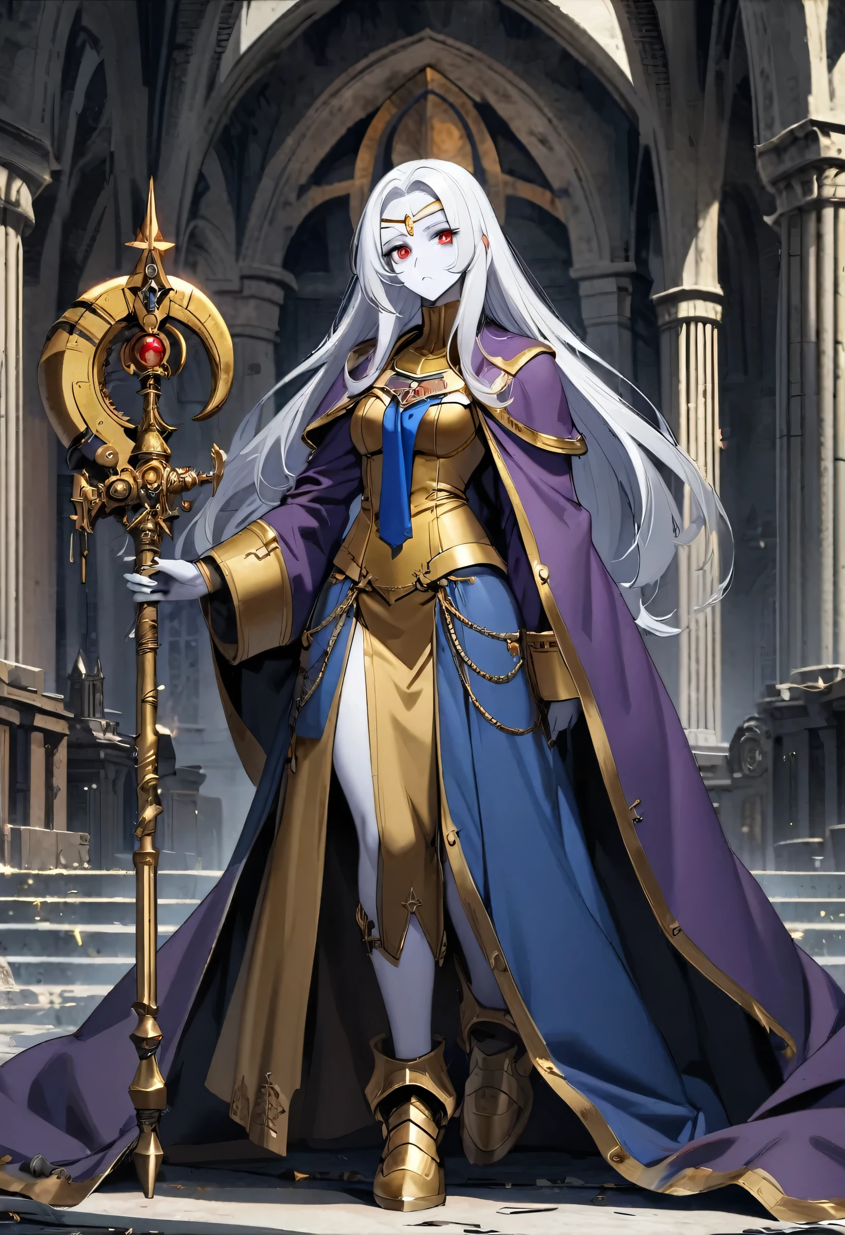 anime - style, Female Priestess, Female, Warhammer 40k, Solo, Detailed Face, Blue Cloth, White Trim, Full Body, White Hair, Long Hair, Neat Hair, Tall, Slender, Gold Armor, Science Fiction, Looking at Viewer, Church, Purple Robe, One Staff, White Skin, Red eyes, Expressionless, Cassia Orsellio, Gold Circlet, Long Cloak, No Bangs, Blue Jewl, Bored, Kuudere, Mature Female,