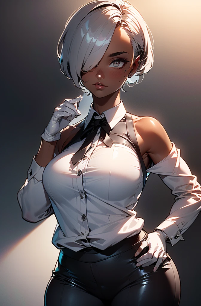 ((black skin)), ((tanned skin)), Full body, (masterpiece), best quality, expressive eyes, perfect face,(masterpiece), best quality, expressive eyes, perfect face, (Masterpiece:1.4),(highly detailed), (high CG:1.4), high quality, ultra detailed, ultra realistic, hyper beautiful and delicate, (1 girl:1.4), (ultra detailed eye:1.4) , (mascular body:1.3), darkness,(illustration:1.4),(overexposure:1.3),(photography:1.3),(macro lens:1.1).,kurenaiz1, ((best quality)), (((clearly drawn face))), (detailed body), ((realistic eye)), (((perfect anatomy))),(detailed eyes),(detailed skin),(shiny_skin),(shiny_hair), (octane rendering), ((16k)), ((ultra high res)) , ultra realistic ,(serious eyes), (((aloof expression))), perfect face, ((mysterious)), ((atractive)), buttler_woman, (36 years old). ((((tanned skin)))). (((short yet stylish silver hair)), (thick silver hair), (sharp facial features), ((soft silver eyes)). wearing a (((short sleeveless black victorian era vest with buttoms))), ((a white under-shirt underneath)), (((white shirt with long sleeves))), ((black neck tie))., ((white trousers)), ((white gloves)), ((wearing a monocle over her left eye)), ((one hand behind her back)), standing, ((waiting patiently)). {((Detailed eyes))}, eyes squinted, (in deep thought).,((hair over one eye)), tan, dark skin, nyantcha style