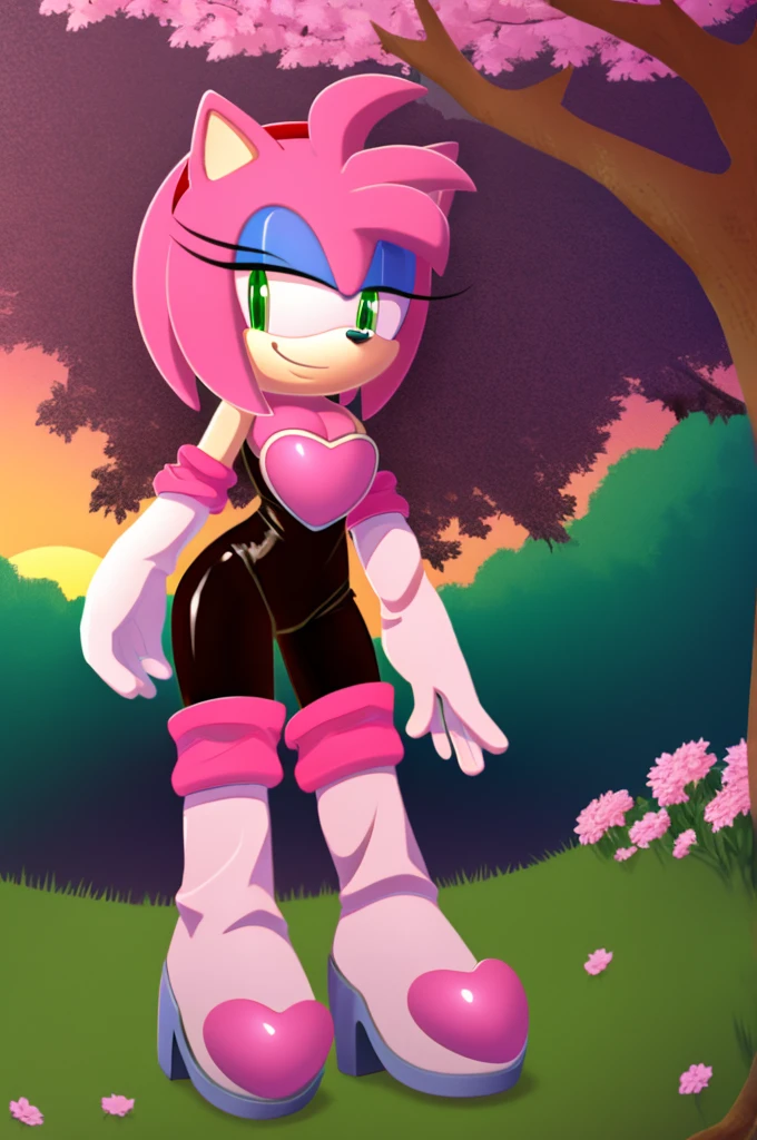 Amy Rose, (Rouge Cosplay) 1 girl, solo, smile, green eyes, beautiful detail green eyes, half-close eyes, red hairband, bob hair, pink hair, bare shoulders, animal nose, black rubber bodysuit, pink heart on chest, cleavage, white elbow gloves, white knee-high boots, no batwing, standing at the park, filled with trees and flowers, a waterfall, sunset, Masterpiece, 2D flat illustration, high quality