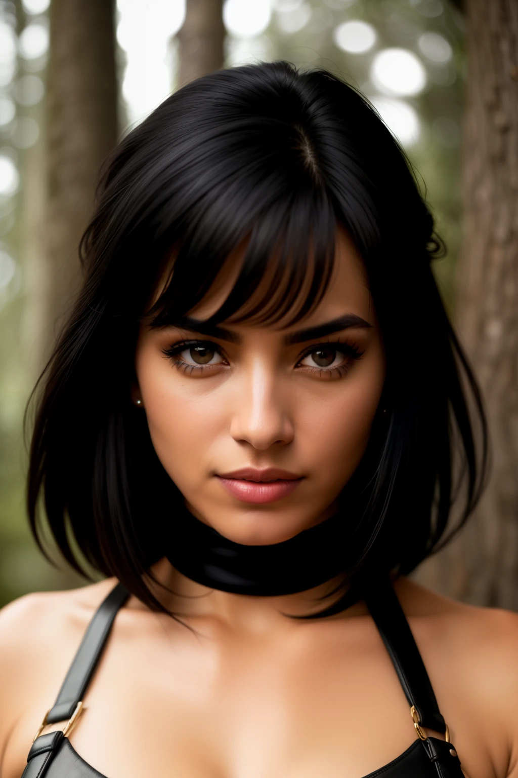 photograph of a woman (sympathetic expression), ultra-textured leather, goosebumps, black hair, Face, looking at the camera, full face, Half up, half down, group profile, tall ancient redoupod trees create a sense of wonder and awe, perfect eyes (harsh lighting: 1,4)), color Velvia 100, shot on CineStill 800T, Boke, sharp focus on the subject, photo of Manuela Marquez
