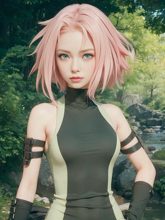 young woman, short shoulder-length pink hair, wide forehead, porcelain skin, pink eyebrows, big emerald green eyes, buttoned nose, full lips, heart-shaped face, slender body, small breasts, red tank top, Sakura Haruno , realistic, realism, details, 3d, well detailed
