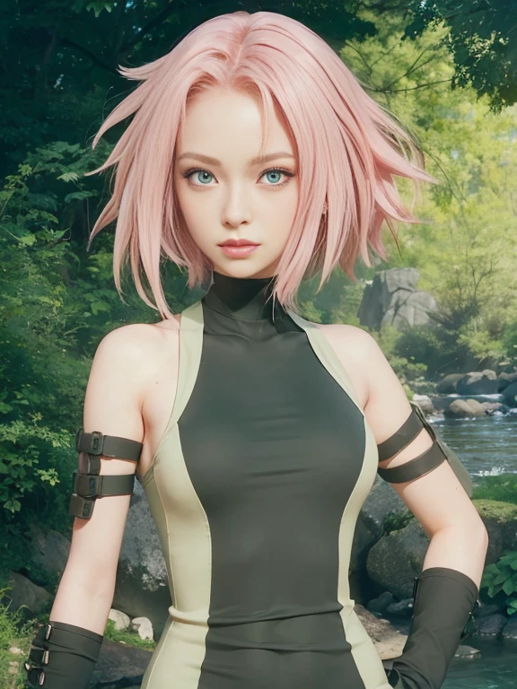 young woman, short shoulder-length pink hair, wide forehead, porcelain skin, pink eyebrows, big emerald green eyes, buttoned nose, full lips, heart-shaped face, slender body, small breasts, red tank top, Sakura Haruno , realistic, realism, details, 3d, well detailed
