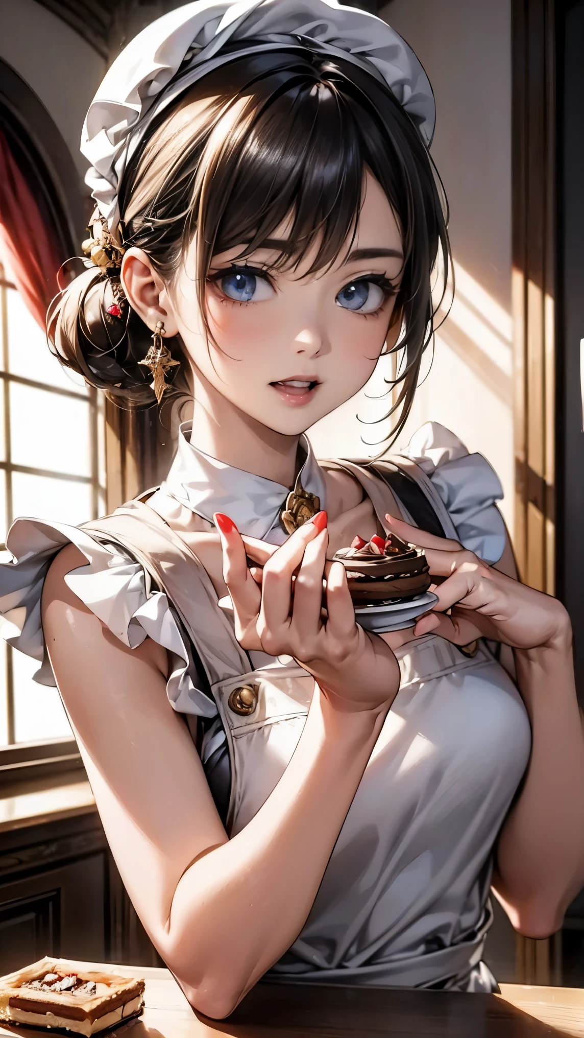 highest quality, masterpiece, 8K, photorealist, ultra high resolution, very delicate and beautiful, HDR, cinematic lighting, medium shot, portrait, perfect female body, Beautiful woman, mature woman, contrasting, put your hand on your head, looking at the viewer, (Female pastry chef:1.6、white clothes、apron、conditioning cap、Frangipani)、dessert、sweets、cake、Macaron、chocolate、Fresh cream、fruits、artistic decoration、Precision craftsmanship、Taste balance、scent、color、texture、utensil、whip、Baked goods、creativity、passion、Professionalism