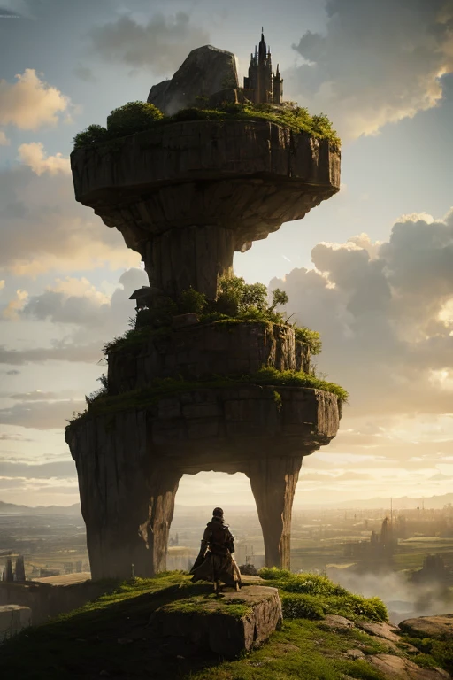 Wandering city, on a giant living rock with legs, dark fantasy, medieval, post apocalyptic