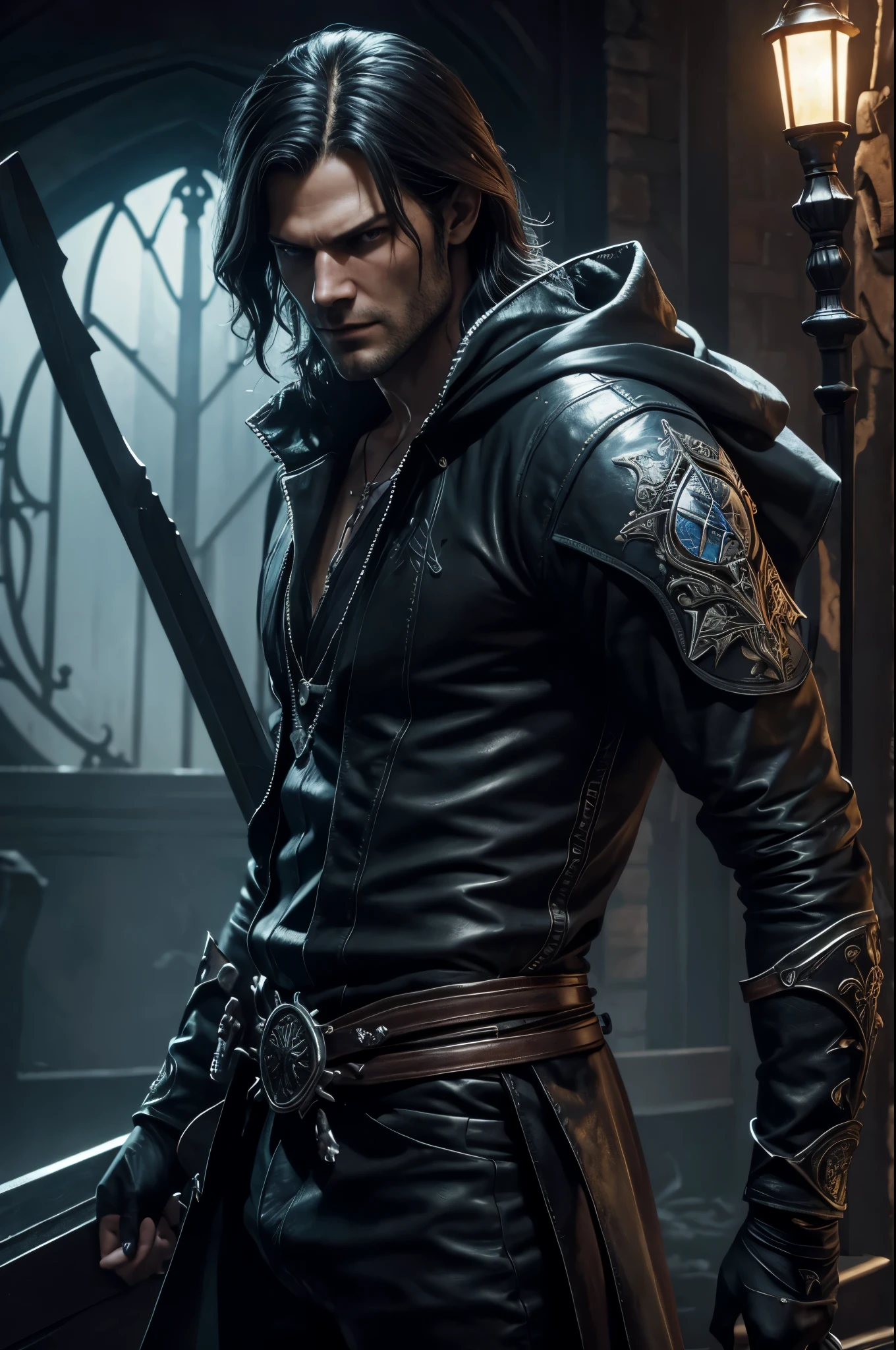 Melhor qualidade,high resolution,obra de arte:1.2),ultra-detalhado,realista,Jared Padalecki como Vergil em Devil May Cry 5,artistic oil painting,lindos olhos e rosto detalhados,focused and clear expression,cabelo preto,roupa estilosa,elegante espada de prata,atmosfera sombria e intensa,cinematic lighting,cores vivas,full of action,poses elegantes,Post-apocalyptic setting,hauntingly beautiful scenery
