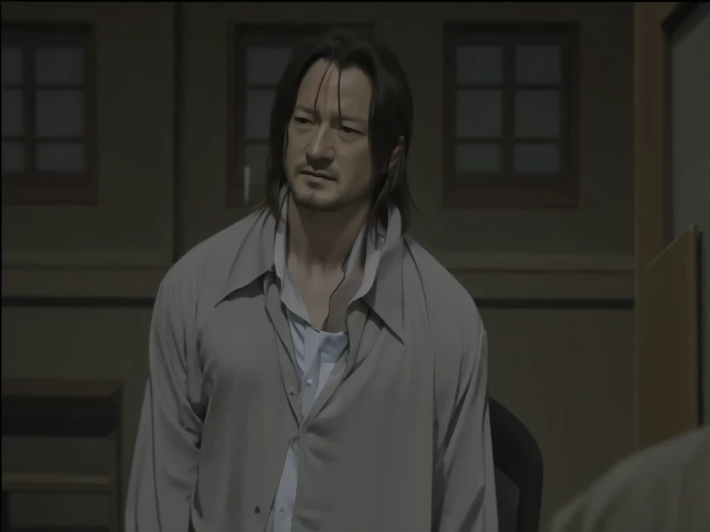 a close up of a person in a shirt and tie with a knife, anime film, boromir in an 80\'s anime world, in the anime series monster, creepy, ozabu, takehiko inoue art style, in the anime film, hyper realistic art, masterpiece, high quality, european man face