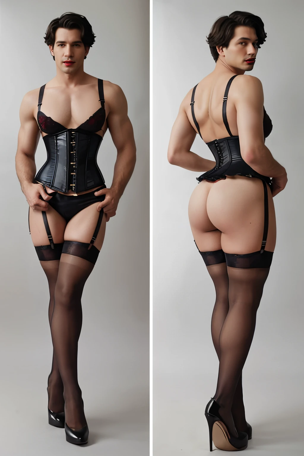 Gay hunk man in lingerie, stockings, heels, padded bra, corset and lipstick, standing full figure