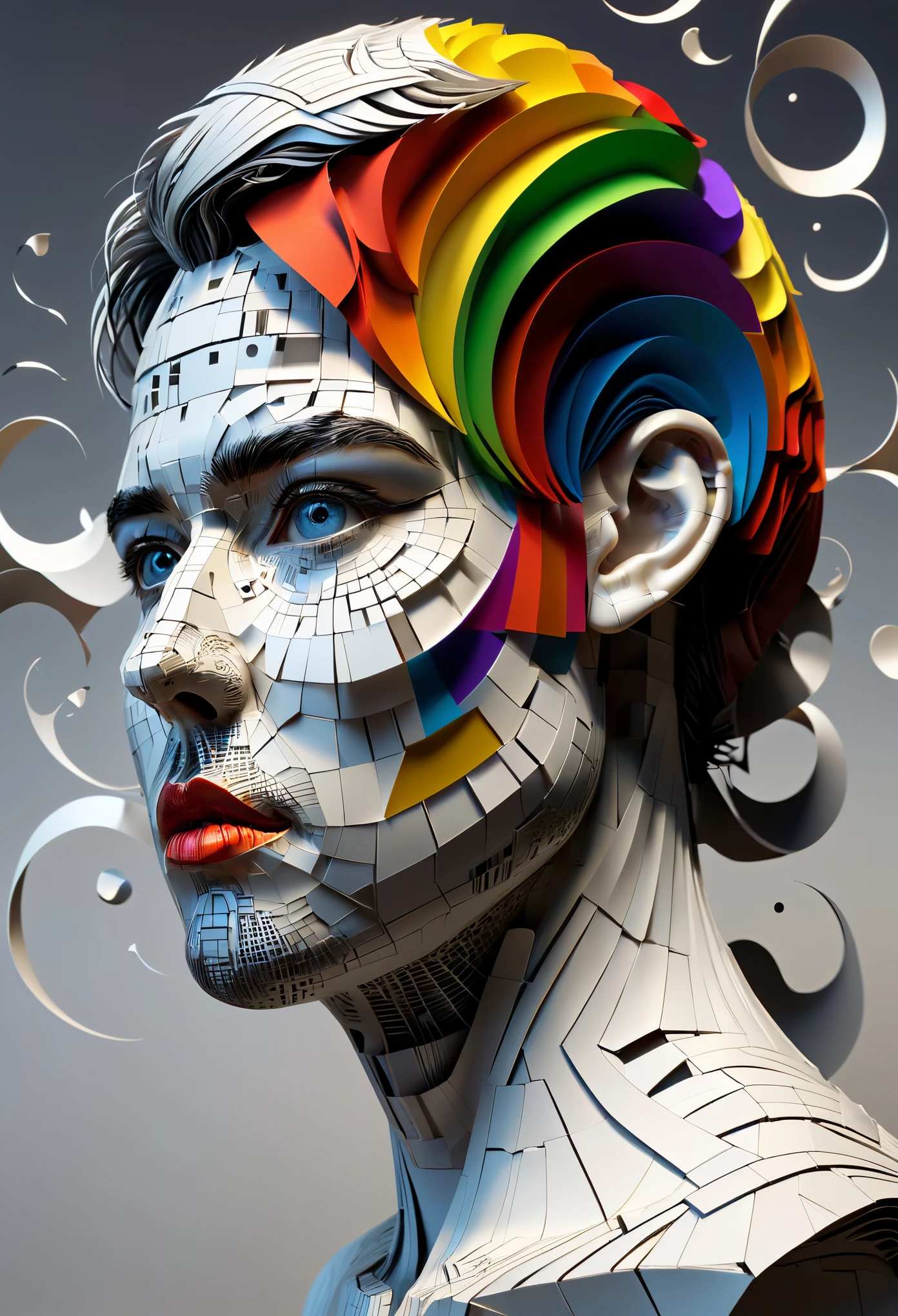 arafed image of a Zeitung with a paper cut out of a head, 3D portrait, komplizierte 3-D-Illustration, Zeitung illustration, detaillierter Kopf, 3D-Illutration, Zeitung photography, von Matt Stewart, auf Papier gedruckt, Zeitung, Detaillierte digitale 3D-Kunst, hyperdetailliertes Gesicht, inspiriert von Igor Morski, Zeitung style, aus Papier gemacht, Futuristische Typografie