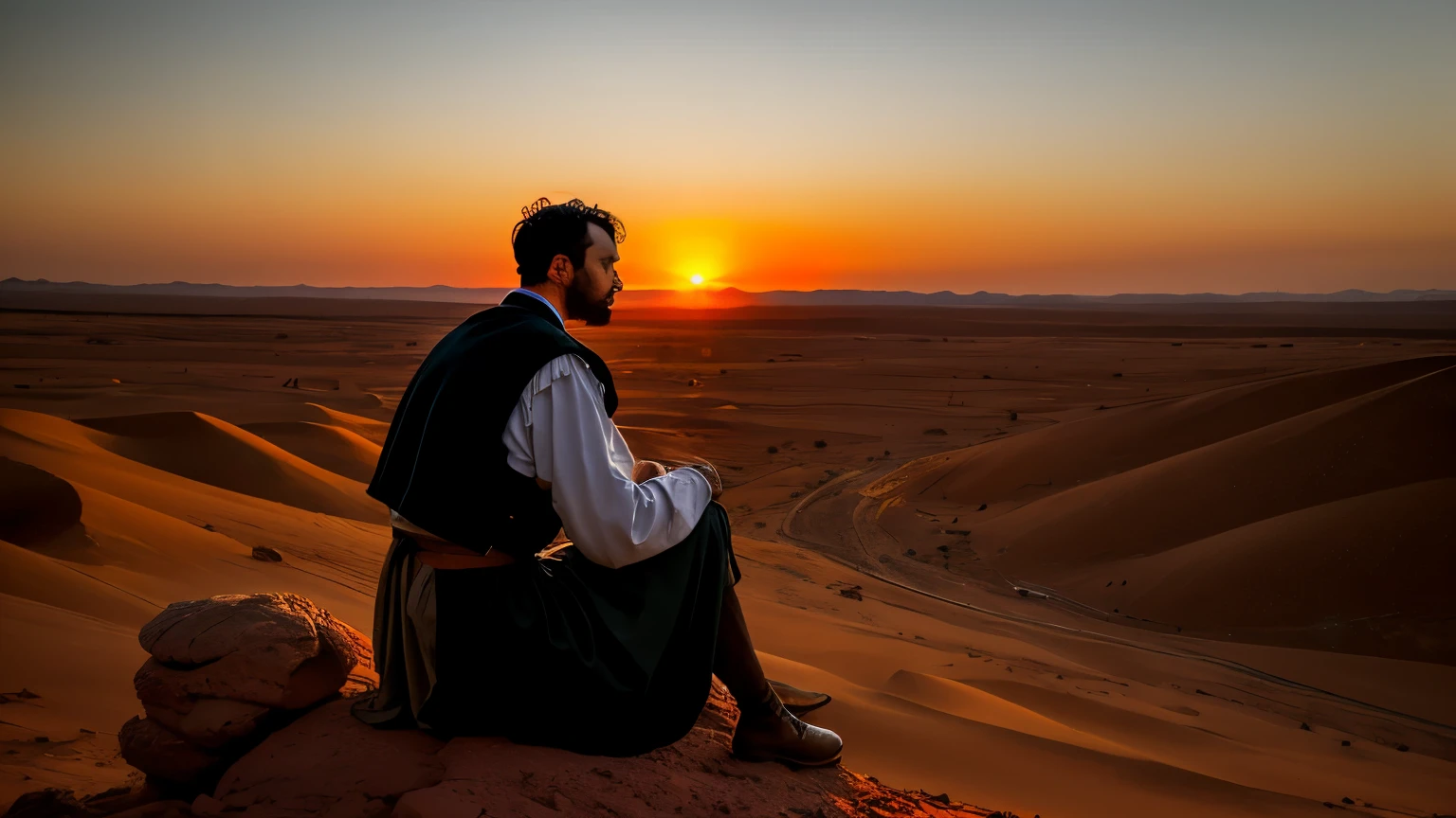 biblical character in biblical times. dressed in period clothing, pensive with his head down, sitting on a rock in a desert setting, sunset and dust.