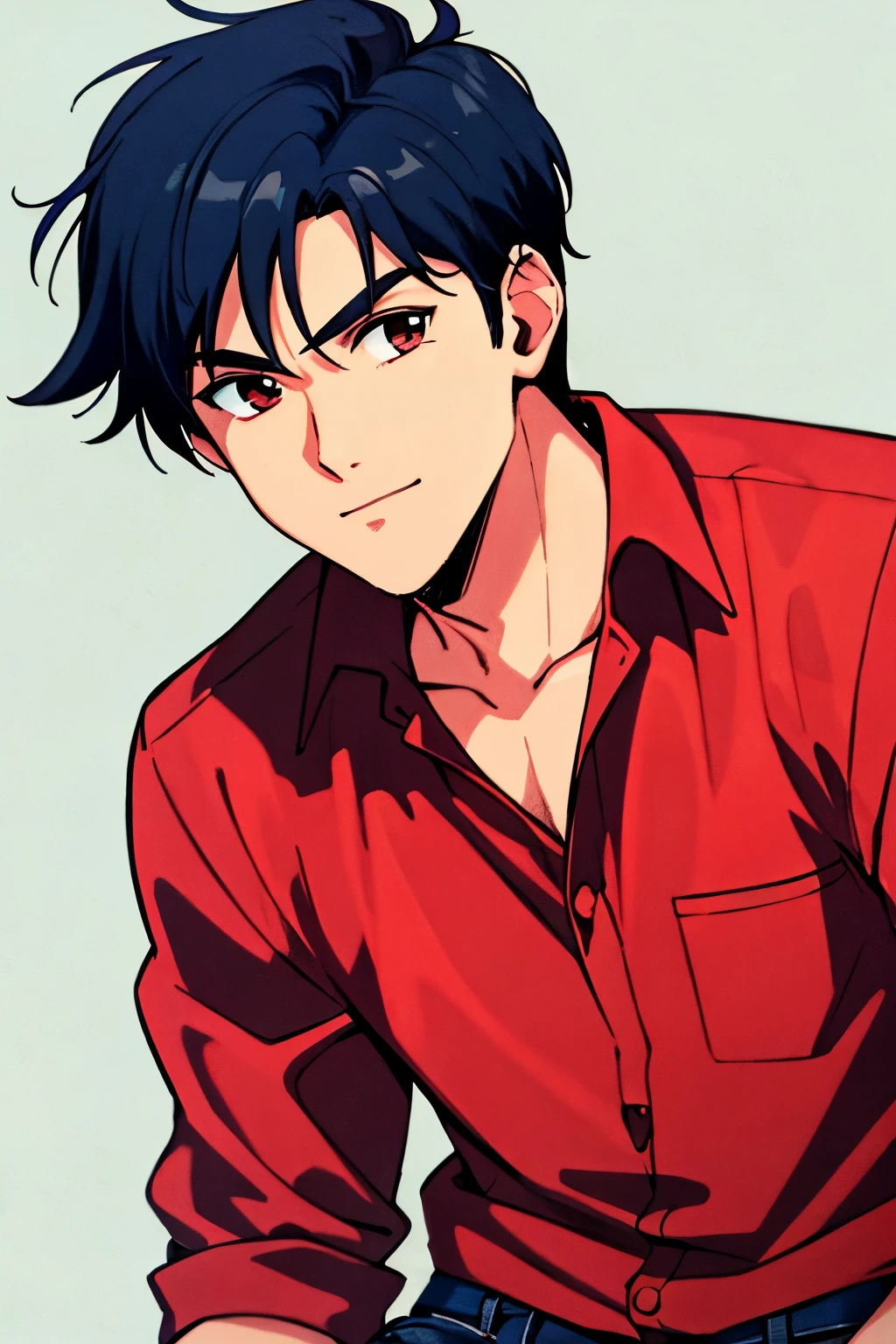 masterpiece, best quality, cel shaded, bright colors, 1boy, solo, male focus, adult man, short black hair, brown eyes, small smile, healthy complexion, muscular frame, red flannel shirt, blue jeans, looking at viewer, staring straight ahead, upper body shot, simple background