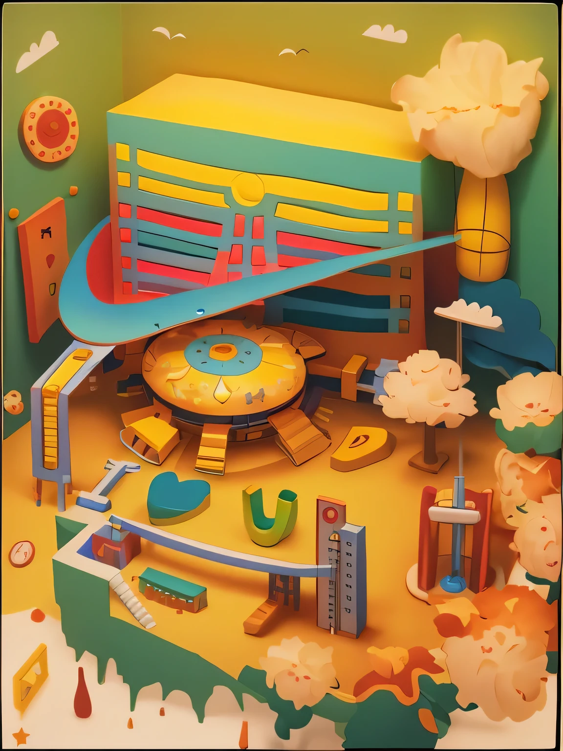 A poster depicting a school building and flowers, isometric illustration fun, isometric illustration, editorial illustration colorful, flat illustration, portfolio illustration, poster illustration, trend on behance illustration, Isometric art, Colorful graphic surreal design, colorful illustration, Inspired by NEVERCREW, in style of digital illustration, editorial illustration, #illustration, colorfull illustration