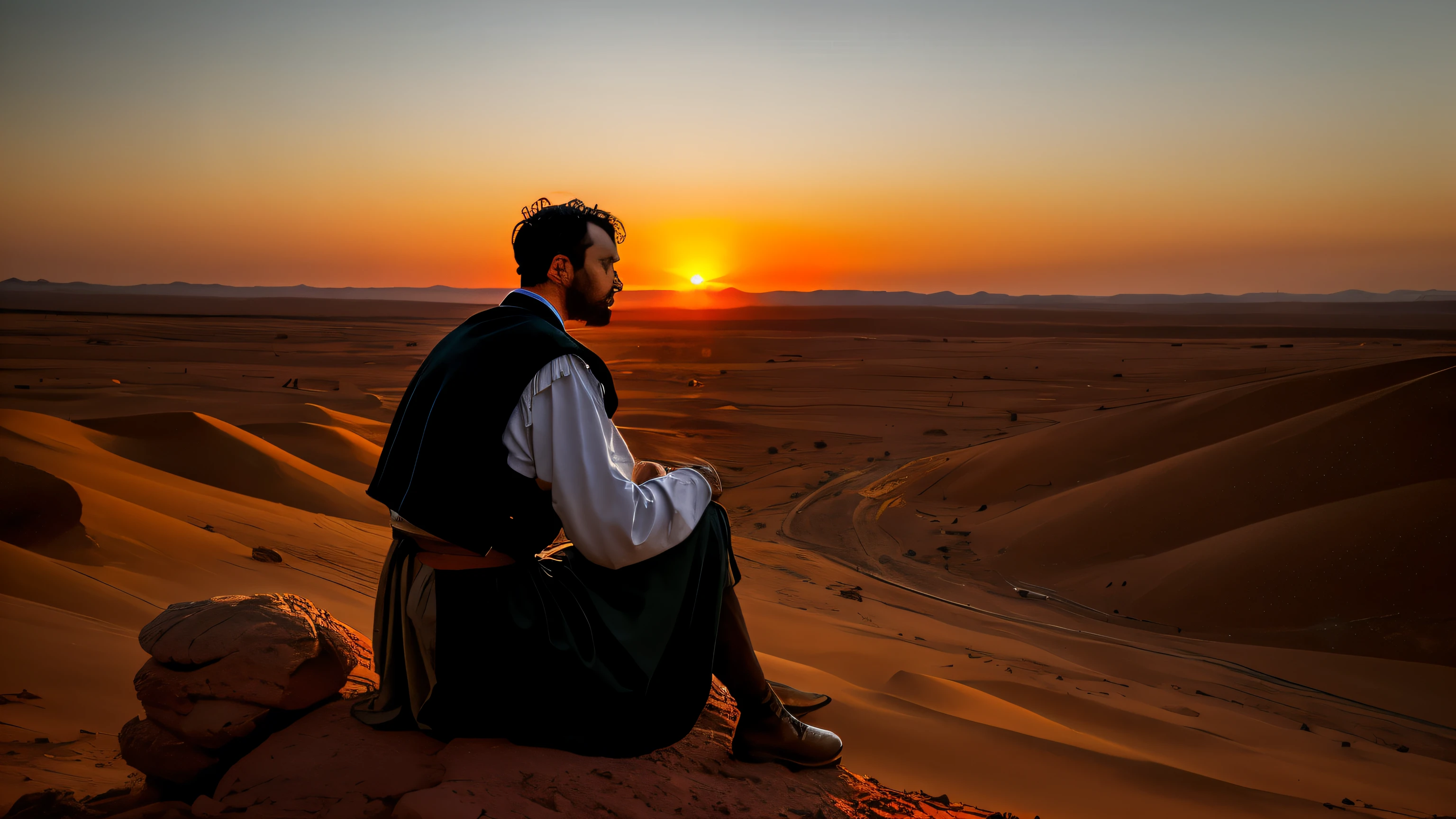 biblical character in biblical times. dressed in period clothing, pensive with his head down, sitting on a rock in a desert setting, sunset and dust.