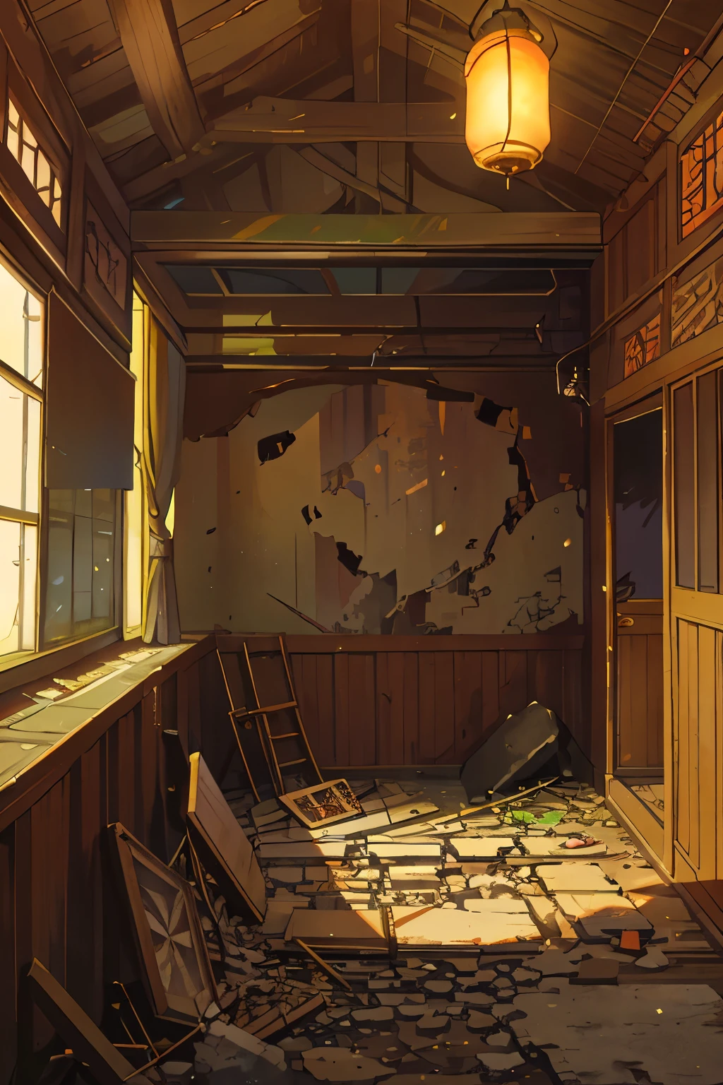In the heart of the ancient Heian-era city, lies a once-thriving bar, now reduced to ruins. The remnants of its grandeur can still be seen amidst the wreckage. The building, with its elegant architecture and traditional wooden framework, stands as a testament to the glory of the past. The destruction has taken its toll, leaving crumbling walls and shattered windows in its wake. The abandoned bar is now a haunting echo of a bygone era.

To depict this scene in the highest quality, the artwork should be a masterpiece, rendered in the best quality, with a focus on realism. The image should be ultra-detailed, capturing every crack in the walls, every fragment of broken glass, and every intricate detail of the ancient architecture.
