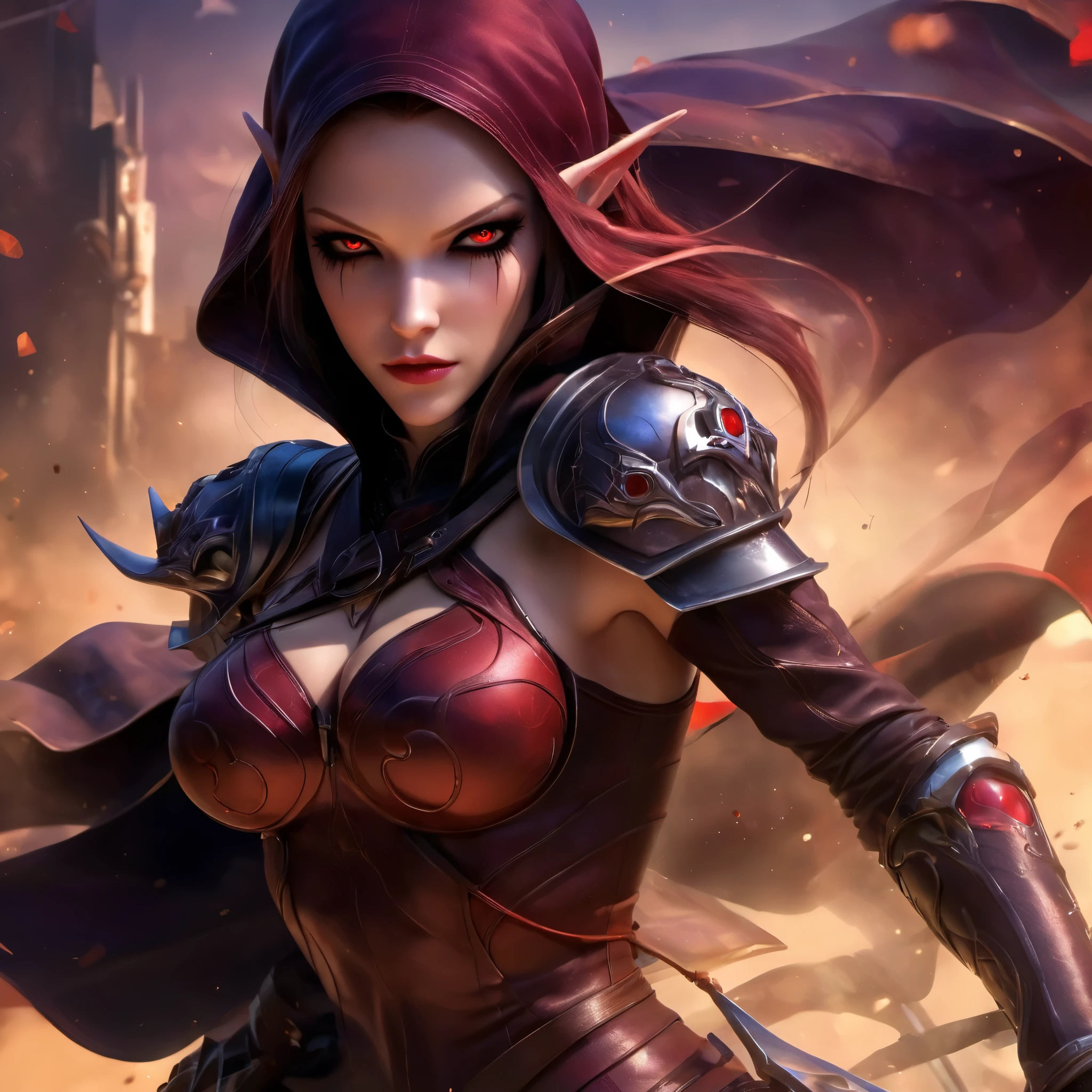 red eyes, sylvanas_windrunner, cinewow, (((Full body image))), 1girl, elf, will be depicted in the futuristic world of "Aeon Flux". The artwork will be created using the medium of digital illustration. The image quality should be at its best, with a resolution of 4k or 8k. It should be ultra-detailed and have a realistic, photorealistic appearance. The colors should be vivid and the lighting should be carefully designed to enhance the overall atmosphere of the scene. In the artwork,red eyes, sylvanas_windrunner, cinewow, (((Full body image))), 1girl, elf, character will be portrayed with beautiful, detailed eyes and lips. Her face will be extremely detailed, capturing her unique features and expressions. She will be shown in a dynamic pose, reflecting her strong and confident personality. The background will be a futuristic cityscape, showcasing the sci-fi elements of the "Aeon Flux" universe. The city will be presented in a dark and moody color palette, with neon lights illuminating the streets. The composition will have a strong sense of depth, with layers of buildings and structures creating a visually striking image. The artwork will have a professional and polished look, with sharp focus and ultra-fine painting details. The use of HDR and studio lighting will further enhance the realism of the scene. The overall style of the artwork will be influenced by concept artists, combining elements of science fiction and dystopia. The final result should be a masterpiece that captures the essence of "Aeon Flux" and portrayal of the red eyes, sylvanas_windrunner, cinewow, (((Full body image))), 1girl, elf, iconic character.