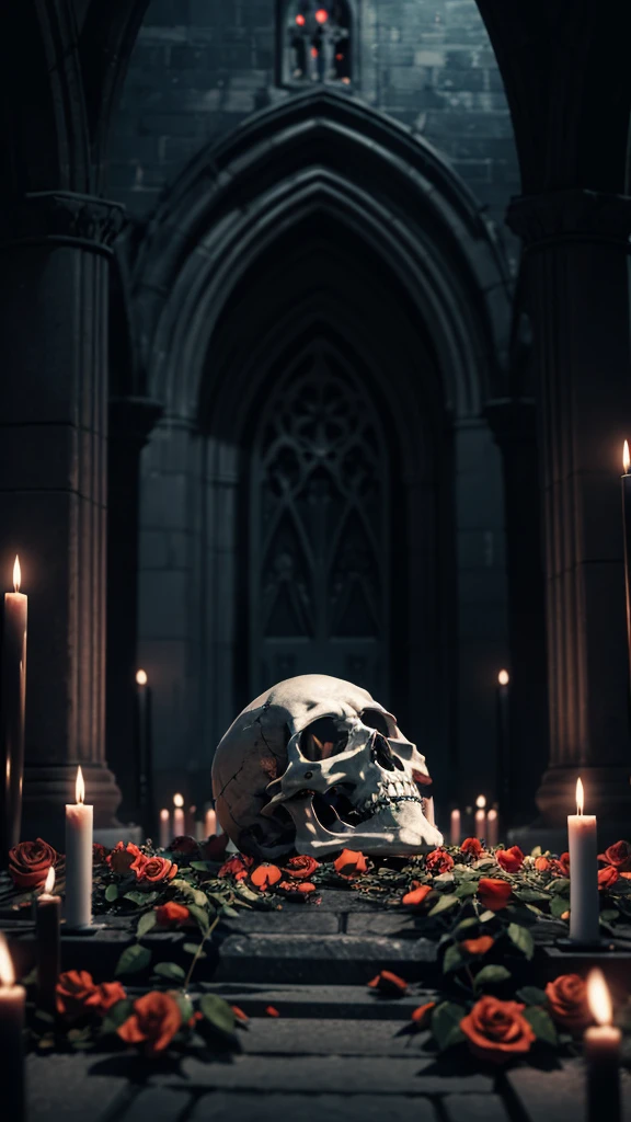 RAW, professional photograph, medium shot, photorealistic, hyper-realistic, ray tracing, super detail, UHD, 8k, , cemetery, corpse, gothic architecture, human skeleton, covered in black roses