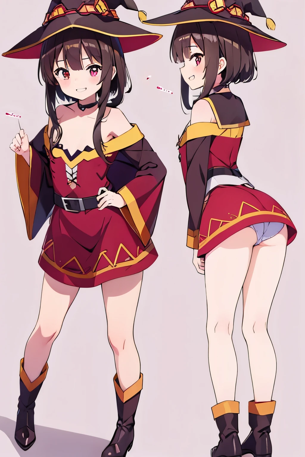 masterpiece, best quality, 1 girl, detailed beautiful face, megumin, witch, smiling, flat chest, multiple views, bent over