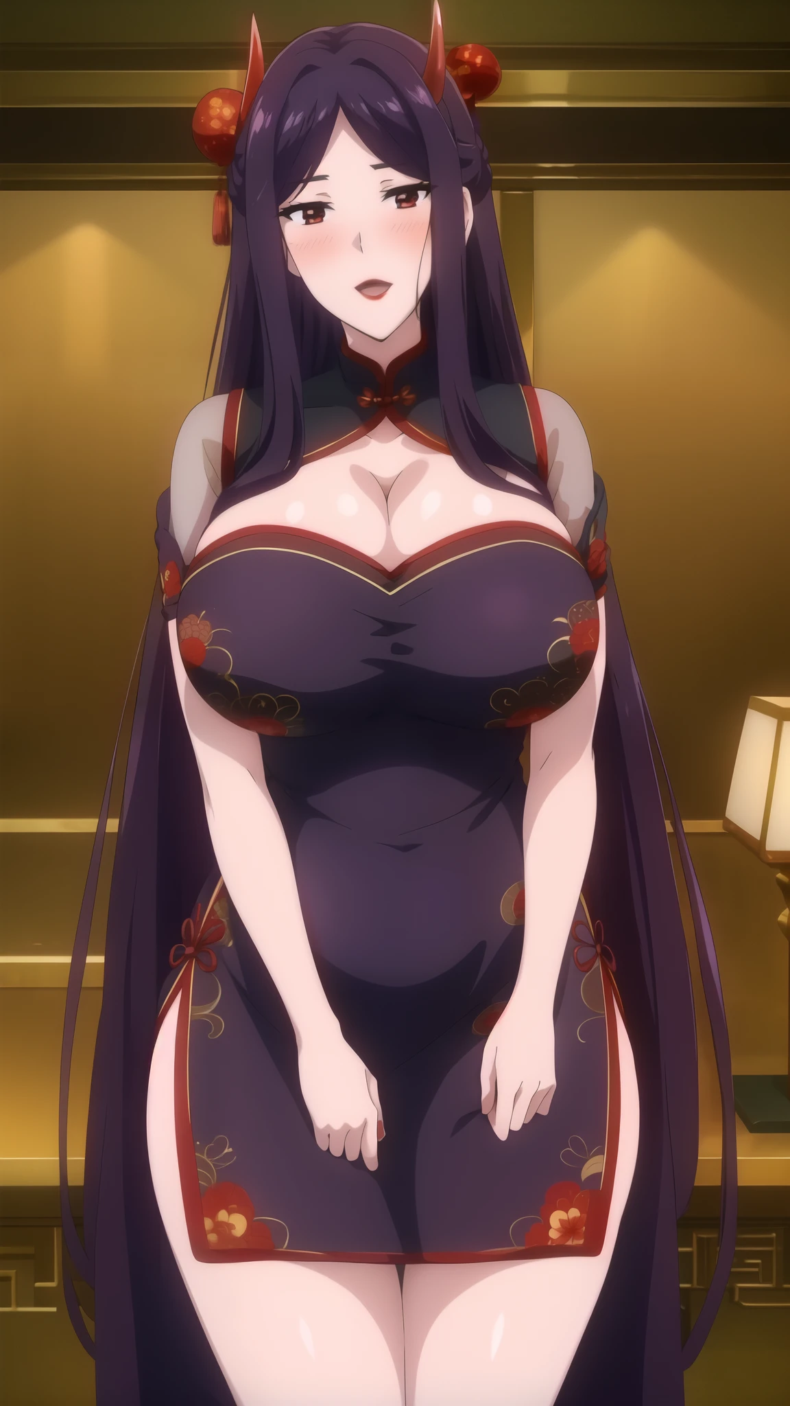 KijouYasha, (BLUSH: 1.2) , purple hair, red eyes, red lips, very long hair, large breasts, detailed, hair ornament, oni horns, looking at viewer, 1girl, breasts, long hair, horns, solo, purple hair, dress, very long hair, huge breasts, chinese clothes, , exposed cleavage, , looking at viewer, black dress, china dress,  , red eyes, SHY ,   parted bangs,  thighs, short sleeves, l , hair ornament,(masterpiece: 1.0), (best_quality: 1.0), ultra high resolution, 4K, ultra detailed, photography, 8K, HDR, highres, absurders:1.2, Kodak portra 400, film grain, blurred background, bokeh:1.2, l (vibrant_color:1.2) (Beautiful), (beautiful_face:1.5),(narrow_waist), anime style, sharp focus, professional artwork,trending on pixiv, detailed bold arm lines, high color saturation, bold lines, bold drawing lines), open mouth, (white skin, (fair skin),
