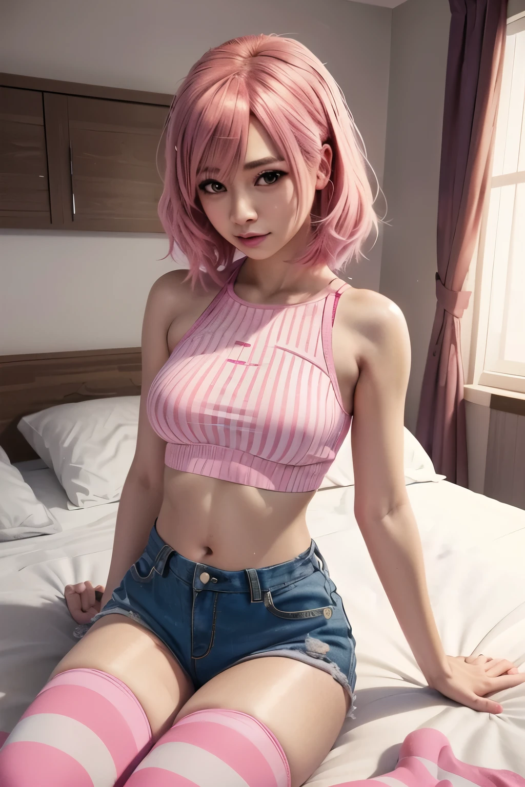 chica anime with pink hair and striped top sitting on a bed, seductive chica anime, chica anime, attractive chica anime, realistic anime art style, estilo anime realista 3d, estilo de arte anime realista, beautiful chica anime, arte animado digital, cute chica anime, pretty chica anime, detailed arte animado digital, realistic young chica anime, photorealistic chica anime render