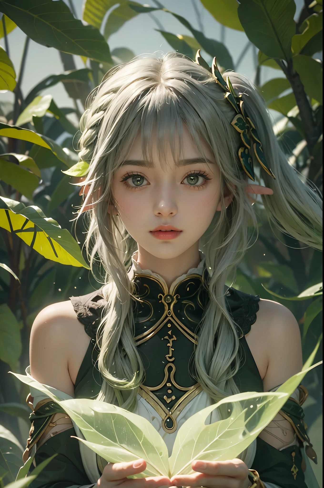 7 year old girl, ultra realistic, high res, highly detail, masterpiece, best quality, looking at viewer, Nahida of Genshin Impact, leaf bending, leaf VFX, head to chest shot, trees, big leaves, nahida Illusory Heart domain, leafMagicAI, big greenlight, white hair, side ponytail