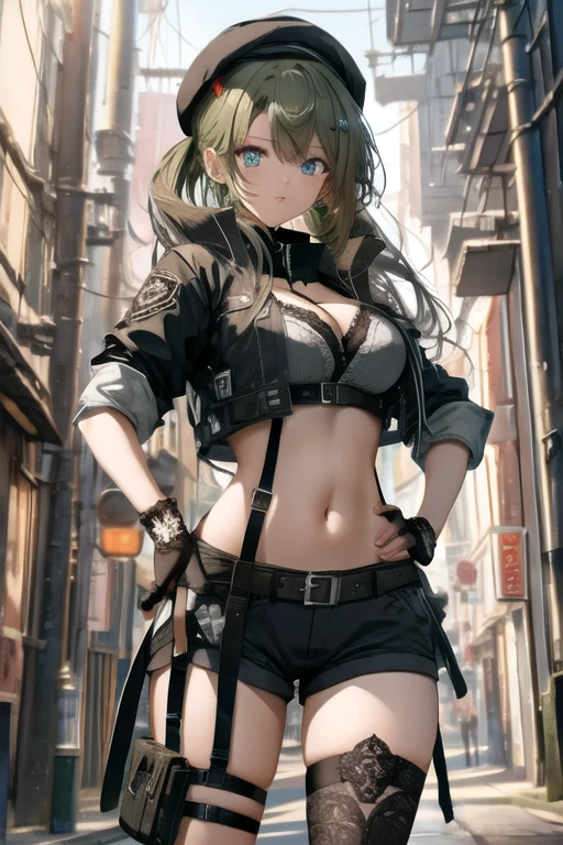 ubel,dark green hair,long hair,side ponytail,hair between eyes,bangs, BREAK (beret, black jacket, open clothes, cleavage, midriff, black shorts, black thighhighs, thigh strap, fingerless gloves, single glove:1.2) BREAK blurry background, BREAK pose, hand on hip, BREAK (masterpiece:1.2), best quality, high resolution, unity 8k wallpaper, (illustration:0.8), (beautiful detailed eyes:1.6), extremely detailed face, perfect lighting, extremely detailed CG, (perfect hands, perfect anatomy),