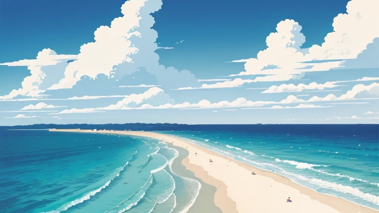 A simple illustration by Hiroshi Nagai　Summer sky and beach　Tranquil scenery　calm sea