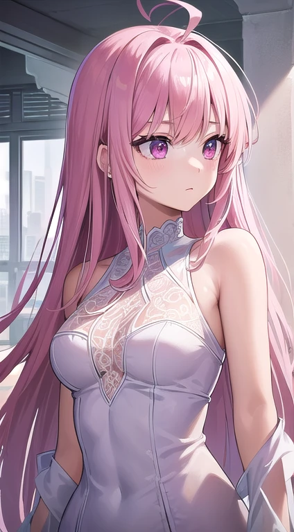 最high quality,very detailed,high quality,Extremely detailed,masterpiece,Super fine,ultra high resolution,超high quality,super delicate face,super realistic,(1 person:1.2)、woman、(Mature:1.5)、pink hair color、(pink eyes)、small breasts 、slender body、Ahoge、