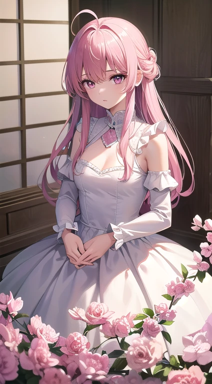 最high quality,very detailed,high quality,Extremely detailed,masterpiece,Super fine,ultra high resolution,超high quality,super delicate face,super realistic,(1 person:1.2)、woman、(Mature:1.5)、pink hair color、(pink eyes)、small breasts 、slender body、Ahoge、
