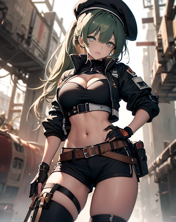 ubel,dark green hair,long hair,side ponytail,hair between eyes,bangs, BREAK (beret, black jacket, open clothes, cleavage, midriff, black shorts, black thighhighs, thigh strap, fingerless gloves, single glove:1.2) BREAK blurry background, BREAK pose, hand on hip, BREAK (masterpiece:1.2), best quality, high resolution, unity 8k wallpaper, (illustration:0.8), (beautiful detailed eyes:1.6), extremely detailed face, perfect lighting, extremely detailed CG, (perfect hands, perfect anatomy),