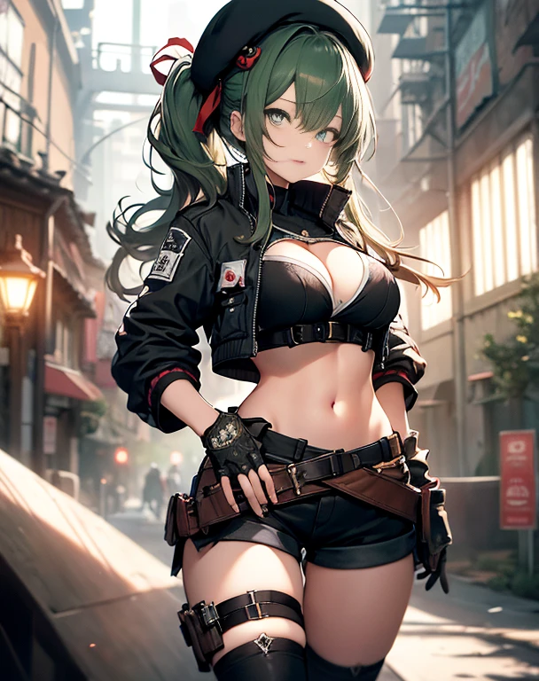 ubel,dark green hair,long hair,side ponytail,hair between eyes,bangs, BREAK (beret, black jacket, open clothes, cleavage, midriff, black shorts, black thighhighs, thigh strap, fingerless gloves, single glove:1.2) BREAK blurry background, BREAK pose, hand on hip, BREAK (masterpiece:1.2), best quality, high resolution, unity 8k wallpaper, (illustration:0.8), (beautiful detailed eyes:1.6), extremely detailed face, perfect lighting, extremely detailed CG, (perfect hands, perfect anatomy),