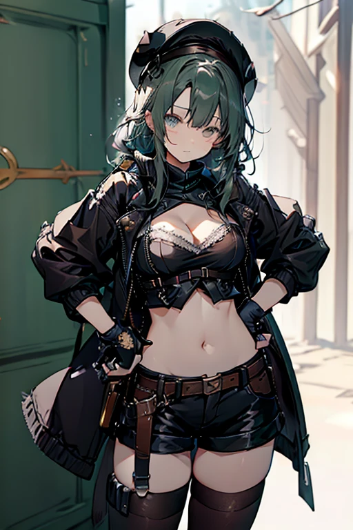 ubel,dark green hair,long hair,side ponytail,hair between eyes,bangs, BREAK (beret, black jacket, open clothes, cleavage, midriff, black shorts, black thighhighs, thigh strap, fingerless gloves, single glove:1.2) BREAK blurry background, BREAK pose, hand on hip, BREAK (masterpiece:1.2), best quality, high resolution, unity 8k wallpaper, (illustration:0.8), (beautiful detailed eyes:1.6), extremely detailed face, perfect lighting, extremely detailed CG, (perfect hands, perfect anatomy),