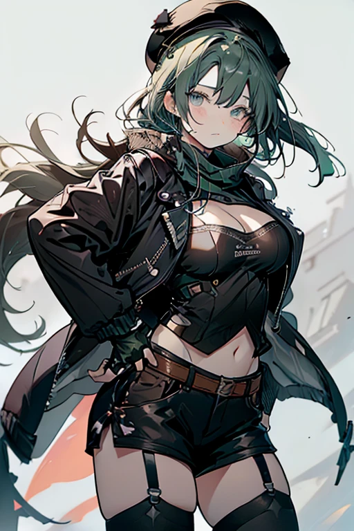 ubel,dark green hair,long hair,side ponytail,hair between eyes,bangs, BREAK (beret, black jacket, open clothes, cleavage, midriff, black shorts, black thighhighs, thigh strap, fingerless gloves, single glove:1.2) BREAK blurry background, BREAK pose, hand on hip, BREAK (masterpiece:1.2), best quality, high resolution, unity 8k wallpaper, (illustration:0.8), (beautiful detailed eyes:1.6), extremely detailed face, perfect lighting, extremely detailed CG, (perfect hands, perfect anatomy),