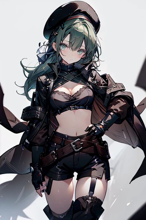 ubel,dark green hair,long hair,side ponytail,hair between eyes,bangs, BREAK (beret, black jacket, open clothes, cleavage, midriff, black shorts, black thighhighs, thigh strap, fingerless gloves, single glove:1.2) BREAK blurry background, BREAK pose, hand on hip, BREAK (masterpiece:1.2), best quality, high resolution, unity 8k wallpaper, (illustration:0.8), (beautiful detailed eyes:1.6), extremely detailed face, perfect lighting, extremely detailed CG, (perfect hands, perfect anatomy),