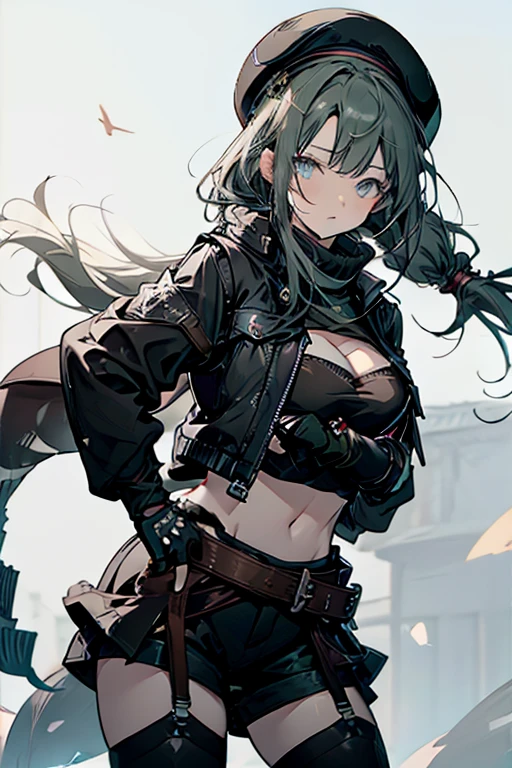 ubel,dark green hair,long hair,side ponytail,hair between eyes,bangs, BREAK (beret, black jacket, open clothes, cleavage, midriff, black shorts, black thighhighs, thigh strap, fingerless gloves, single glove:1.2) BREAK blurry background, BREAK pose, hand on hip, BREAK (masterpiece:1.2), best quality, high resolution, unity 8k wallpaper, (illustration:0.8), (beautiful detailed eyes:1.6), extremely detailed face, perfect lighting, extremely detailed CG, (perfect hands, perfect anatomy),