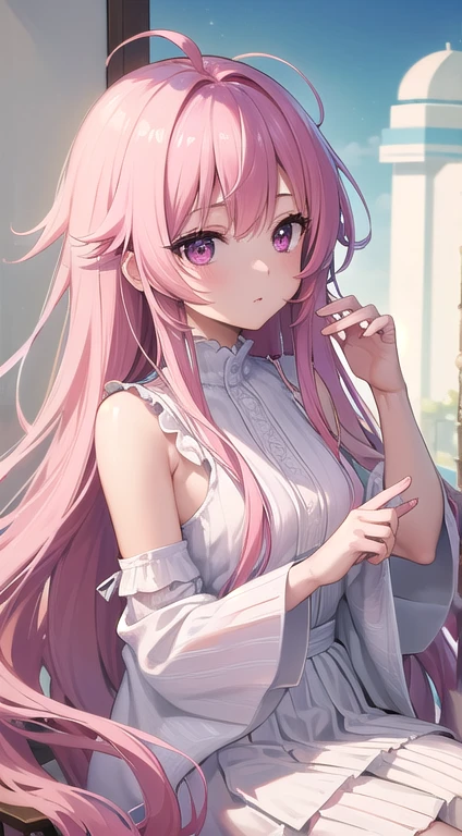 最high quality,very detailed,high quality,Extremely detailed,masterpiece,Super fine,ultra high resolution,超high quality,super delicate face,super realistic,(1 person:1.2)、woman、(Mature:1.5)、pink hair color、(pink eyes)、small breasts 、slender body、Ahoge、