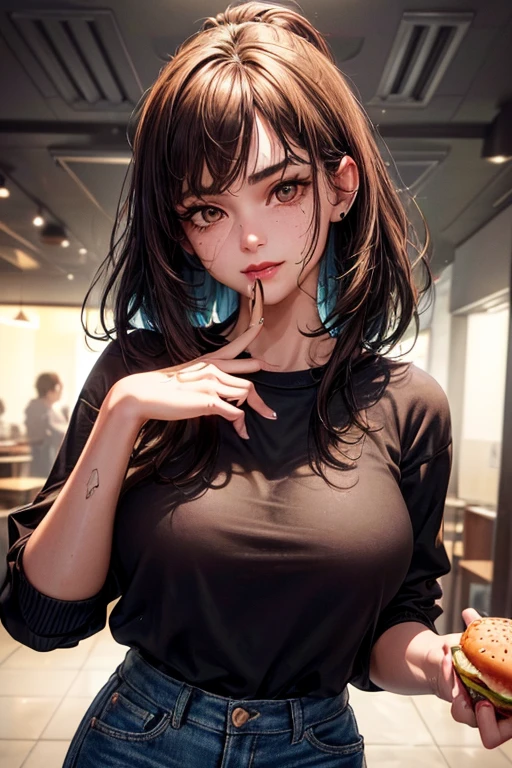 1 girl, 18 years old), diner, burger, holding burger close to mouth, ketchup dripping from burger, (beautiful face), (detailed face:1.5), (Anatomically correct), (ultra-detailed face and skin texture ),(((brown eyes:1, 3))), ((bright eyes)), intricate eyes, symmetrical eyes, (thin eyebrows), (eyeliner), ((perfect nose)), (red lips), ( (wide smile), (medium breasts:1, 2), (round breasts), black hair, medium messy hair, short sweatshirt, micro shorts:1.4, (official art), ((best quality)), (masterpiece ), (Ultradetailed), (High Resolution), (Photo Realistic), ((Cinematic Light: 1.2)), ((High Resolution)), (Visible Features), (Line Speed: 1.1), ( (photorealistic: 1.37)), ((unit Extremely detailed 8k CG) , post-processing.