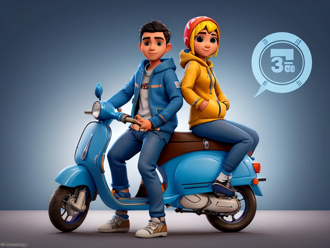 Buatkan gambar seorang pria 30 tahun memakai jaket biru hoodie mengendarai vespa matic pemandangan desa