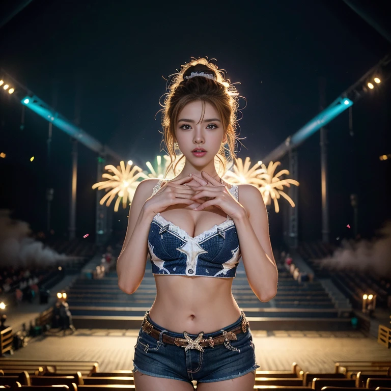 (A young and beautiful woman、Topアイドルグループのセンター、Top　Of　The　Top)、(cowboy shot:1.808)、Topアイドルグループのコンサートステージ、amazing performance、A packed stadium crowd、Vivid lighting effects、Dynamic dance moves、Captivating Music、Multiple LED Screens、intense energy、Synchronized choreography、festive atmosphere、Shiny stage costumes、Highly anticipated show 、Thunderous applause、Extremely excited fans、Spectacular visual effects、Explosive fireworks、Uplifting music beats、stage fog、Passionate singing、芸術的にデTheインされた小道具、Breathtaking stage setup、electric atmosphere、Confetti explosion、adrenaline rush、sense of oneness、A memorable concert experience、 (highest quality、4k、8k、high resolution、masterpiece: 1.2)、Super detailed、(real、photorealistic、photorealistic: 1.37)、concert photography、Energetic performance、Bright colors、lively atmosphere、Professional Production、perfect execution、Captivating stage presence、Huge stage expansion、Dazzling spotlights、Euphoric atmosphere、Immersive Sound System、Strategic Stage Layout、Artistic dance formation、Innovative Stage Effects、High Energy Entertainment、Life-size experience