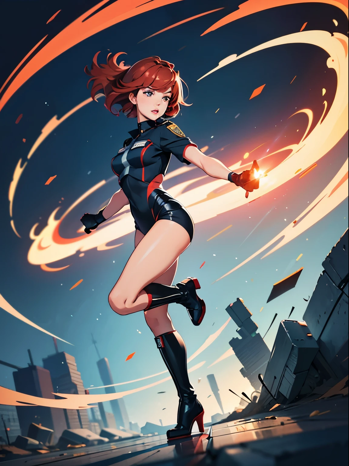 Solo, (Police Uniform, Policewoman), leotard, bare legs, superhero, boots, Lips Apart, Red Lips, Shiny Skin, Skin Dents, Best Quality, Ultra High Resolution, Red hair, Bob hair, standing straight, spinning pose, perfect anatomy, perfect hands, BREAK, spinning like a tornado, spiral lines