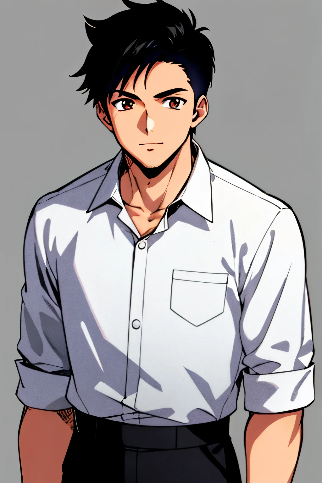 masterpiece, best quality, cel shaded, bright colors, 1boy, solo, male focus, adult man, short black hair, brown eyes, small smile, healthy complexion, muscular frame, white dress shirt, black dress pants, looking at viewer, staring straight ahead, upper body shot, simple background