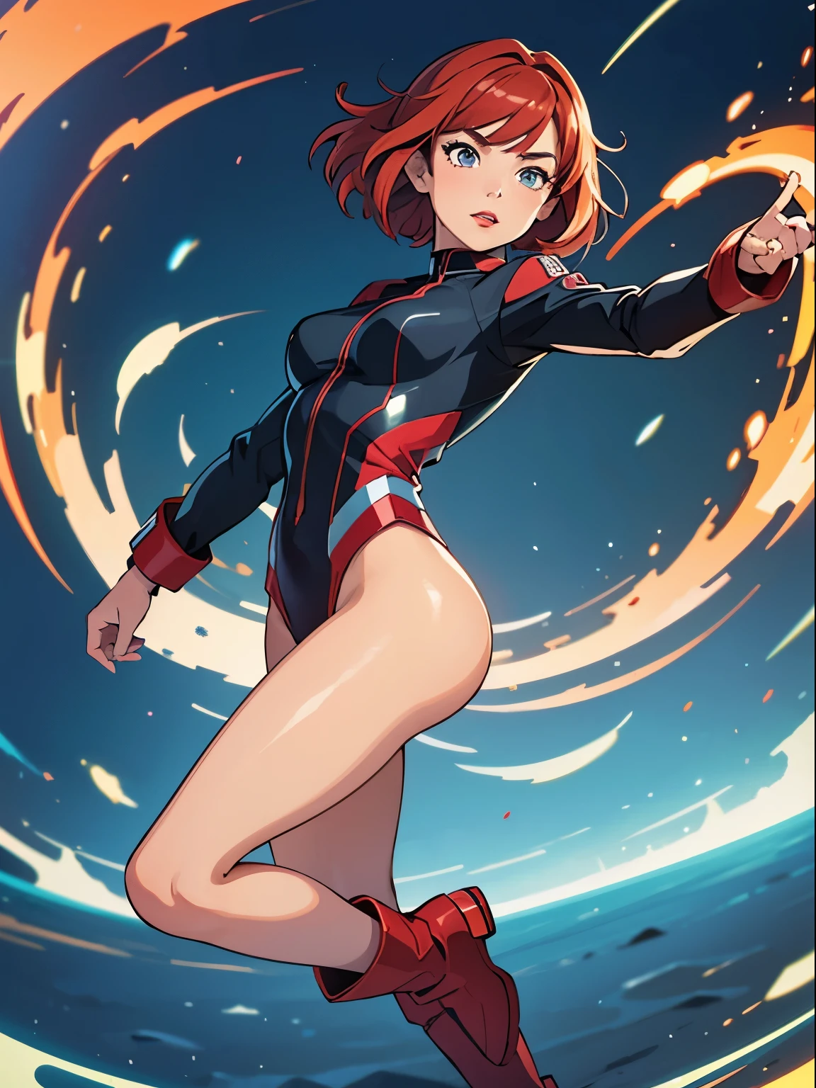 Solo, (Police Uniform, Policewoman), leotard, bare legs, superhero, boots, Lips Apart, Red Lips, Shiny Skin, Skin Dents, Best Quality, Ultra High Resolution, Red hair, Bob hair, standing straight, spinning pose, perfect anatomy, perfect hands, BREAK, spinning like a tornado, spiral lines