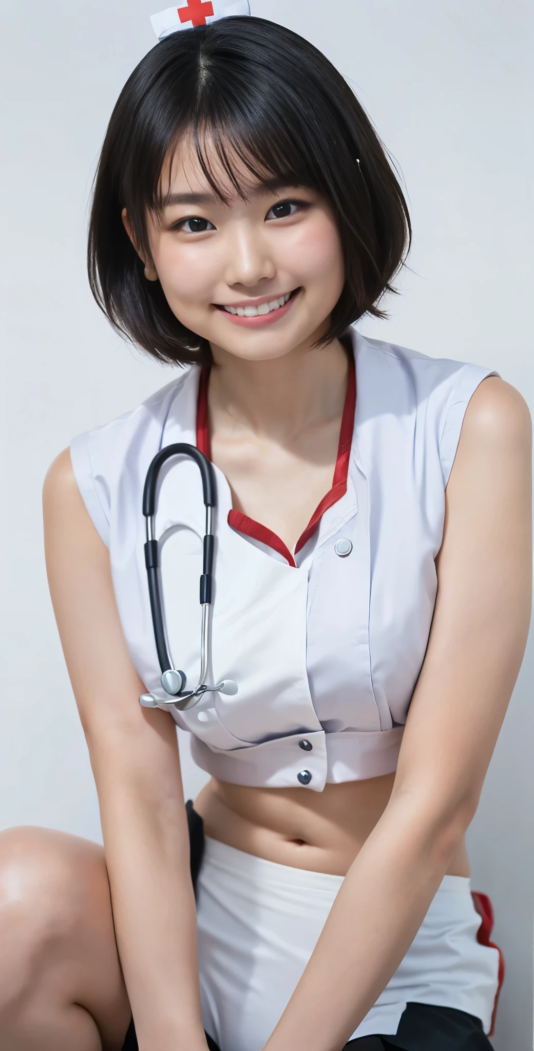（8K、Raw photography、highest quality、masterpiece：1.2),(black haired、very short hair:1.8),(twin mitsu braid:1.4)、show viewer,Looking at the front,erotic,白いskin,(nurse uniform:1.7)、()、(Clothing that emphasizes the shape of your chest、publish one&#39;skin:1.5)、(big breasts :1.4)、slim body shape、ultra high resolution,beautiful,beautiful fece,(alone、no background:1.9),whole bodyボディー,japanese woman,（Photoreal：1.37）、photon mapping,reality、(-face cute: 1.0)、(cute smile: 1.7)、(With a round face: 1.7)、radio city、Physically based rendering、depth of field rally background、photograph, (I can see your knees、short skirt、I can see white panties、close up of thighs:1.6),（:1.4）,whole body、super fine