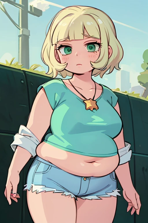 (jackie lynn thomas:1), star vs. the forces of evil,  (casual outfit:1), (blonde short hair), (blue-green highlight in hair), shell necklace, (baseball t-shirt white tanktop green sleeves:1), (white striped knee socks:1), (blue jean shorts), (bobed hair), (blue-green eyes), ((green eyes)), cartoony facial features, large round eyes, blonde hair, (shorts:1.2), (realistic:1.2),  (masterpiece:1.2), (full-body-shot:1),(Cowboy-shot:1.2), light particles, skate park background, neon lighting, dark romantic lighting, (highly detailed:1.2),(detailed face:1.2), (gradients), colorful, detailed eyes, (detailed landscape:1.2), (natural lighting:1.2),(detailed background),detailed landscape, (dynamic pose:1.2), wide shot, solo, bbw, plump, large belly, large breasts, large thighs, love handles, wide hips, weight gain