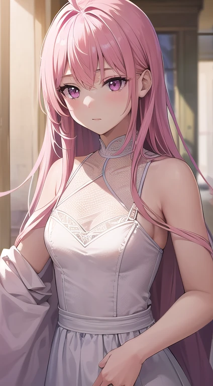 最high quality,very detailed,high quality,Extremely detailed,masterpiece,Super fine,ultra high resolution,超high quality,super delicate face,super realistic,(1 person:1.2)、woman、(Mature:1.5)、pink hair color、(pink eyes)、small breasts 、slender body、Ahoge、