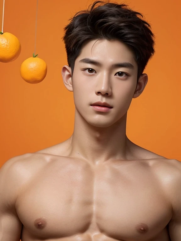 a naked man, Many oranges are flying in the air, orange background, shirtless , realistic handsome Korean face , modest muscles , masterpiece、A high resolution、hyperrealism、detailed face、solo、a men、glowing skin、(Asian)、(young、teenager)、Handsome、detailed background