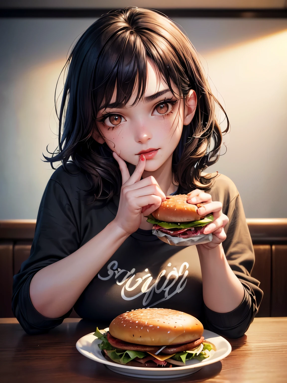 1 girl, 18 years old), diner, burger, holding burger close to mouth, ketchup dripping from burger, (beautiful face), (detailed face:1.5), (Anatomically correct), (ultra-detailed face and skin texture ),(((brown eyes:1, 3))), ((bright eyes)), intricate eyes, symmetrical eyes, (thin eyebrows), (eyeliner), ((perfect nose)), (red lips), ( (wide smile), (medium breasts:1, 2), (round breasts), black hair, medium messy hair, short sweatshirt, micro shorts:1.4, (official art), ((best quality)), (masterpiece ), (Ultradetailed), (High Resolution), (Photo Realistic), ((Cinematic Light: 1.2)), ((High Resolution)), (Visible Features), (Line Speed: 1.1), ( (photorealistic: 1.37)), ((unit Extremely detailed 8k CG) , post-processing.