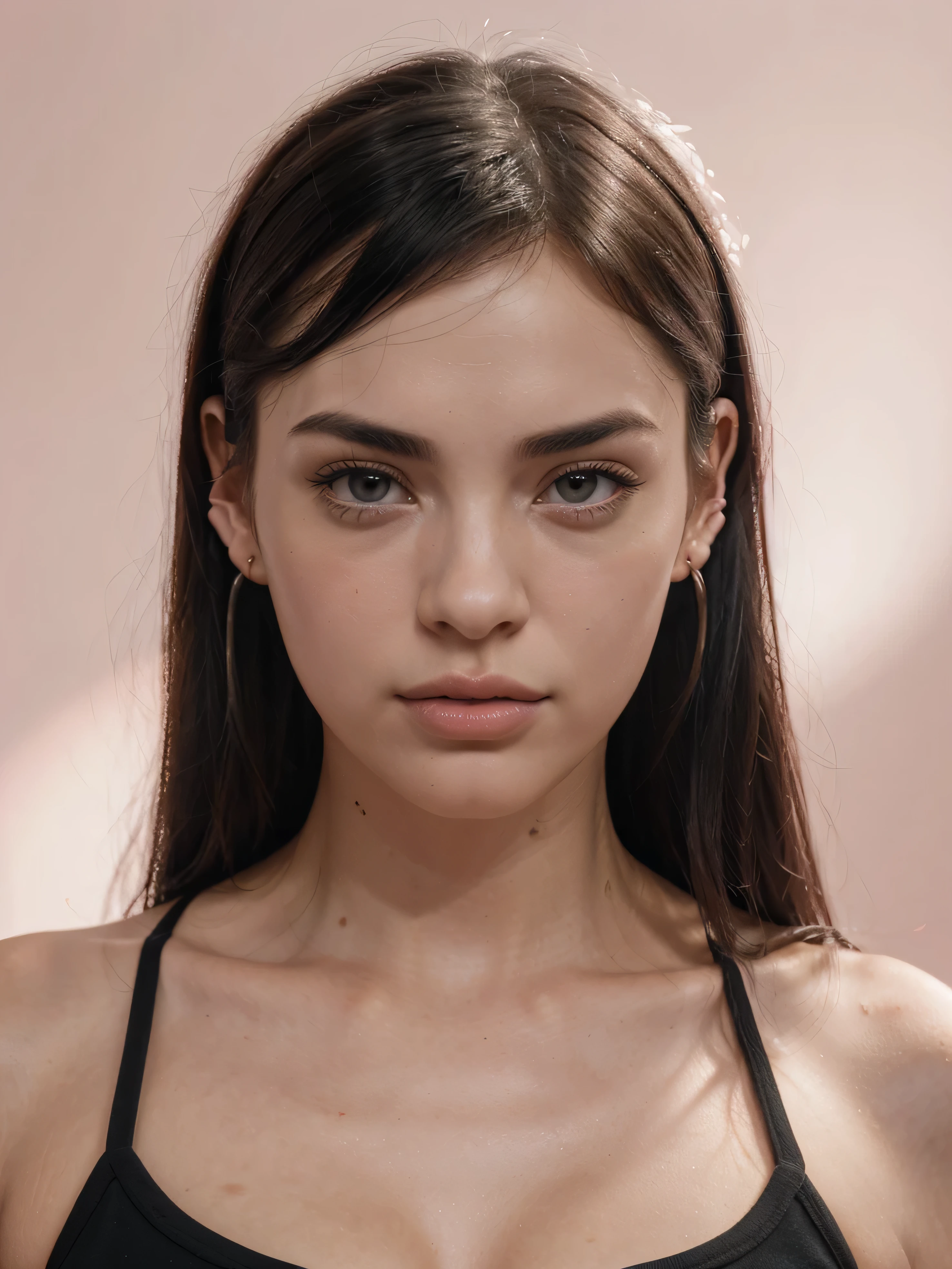 Primo piano, beautiful girl, very handsome, primissimo piano, realistic, ultra realistic, beauty pose, look in front of the camera, ((close up)), (ring light illumination), realistic skin, pores, uhd, 4k, (((black Hair))), ((look in front of the camera)), look alike Billie Eilish and Megan Fox and Liv Tyler, light in her face, (pink background), neutral t shirt, solo, Pinkish atmosphere, pink background, pink, realistic skin, skin texture, pores, (((close up))), (((Hair behind ears)))