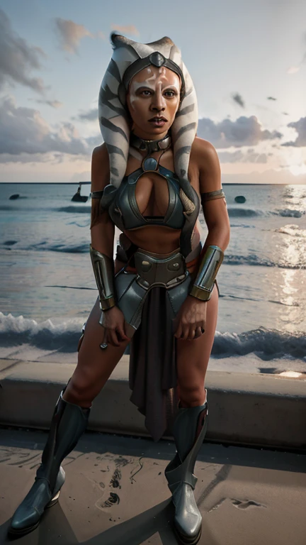 AHSOKA, as Slave Leia, Star Wars,(legs:1.2), low wedge heel booties, (huge breasts:1.2), (small hips), small butt, thin, skinny, fit, short, athletic, emphasis on her legs and feet, highly detailed face, dark eye makeup, beautiful, highly attractive, highly detailed skin, full body view, I can see head to toe, photorealistic, masterpiece, intricate details, HDR, 8k, backdrop of a TROPICAL BEACH